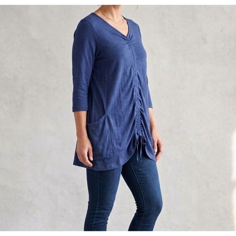 Bryn Walker Tunic Womens XL Blue Ruched Shirt Dress Bamboo Lagenlook Minimalist